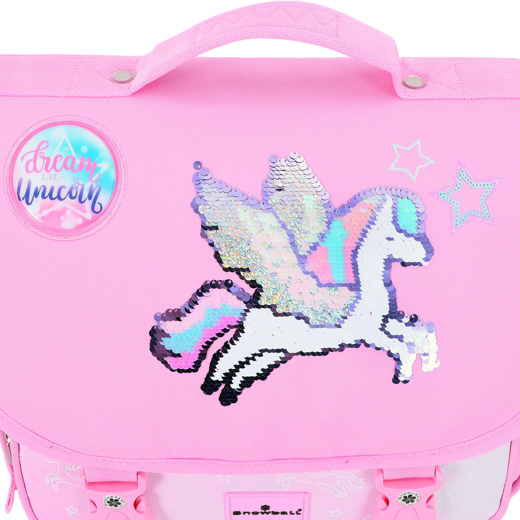 Cartable rose avec licorne et paillettes pour fille en CE1 CE2.