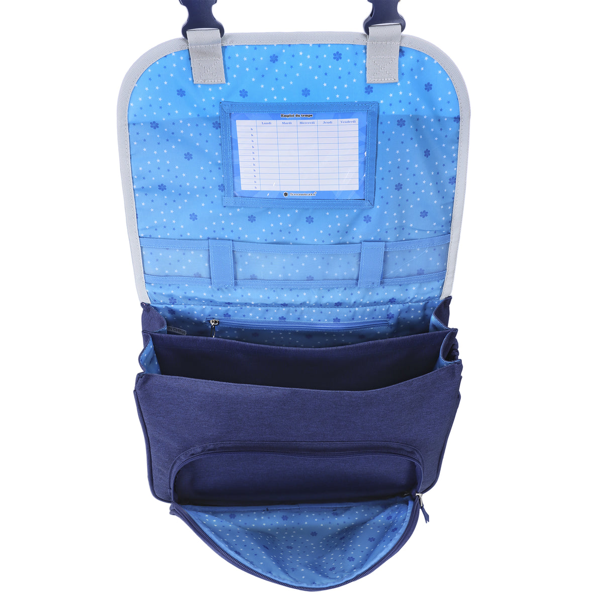 Sac à dos enfant avec plusieurs poches et espace pour étiquette de nom.