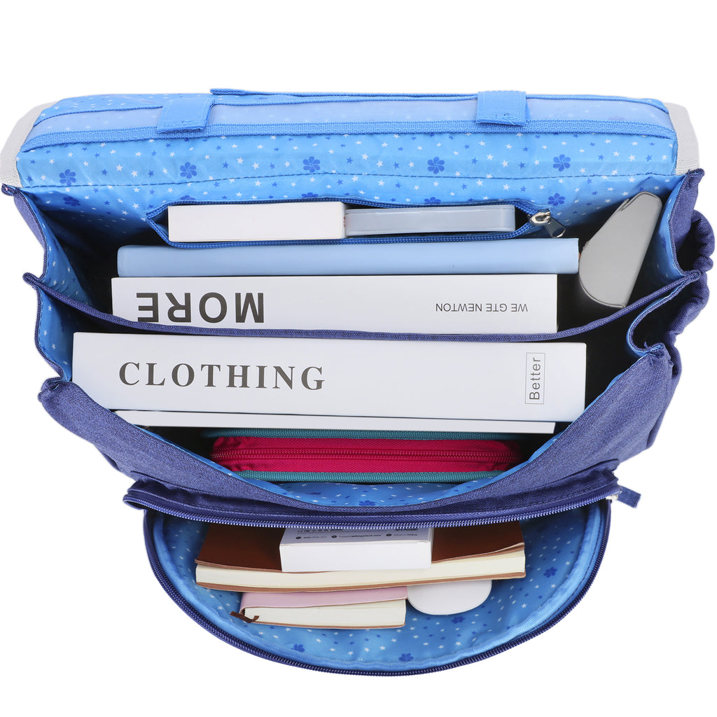 Sac à dos bleu avec plusieurs compartiments pour livres, stylos et accessoires.
