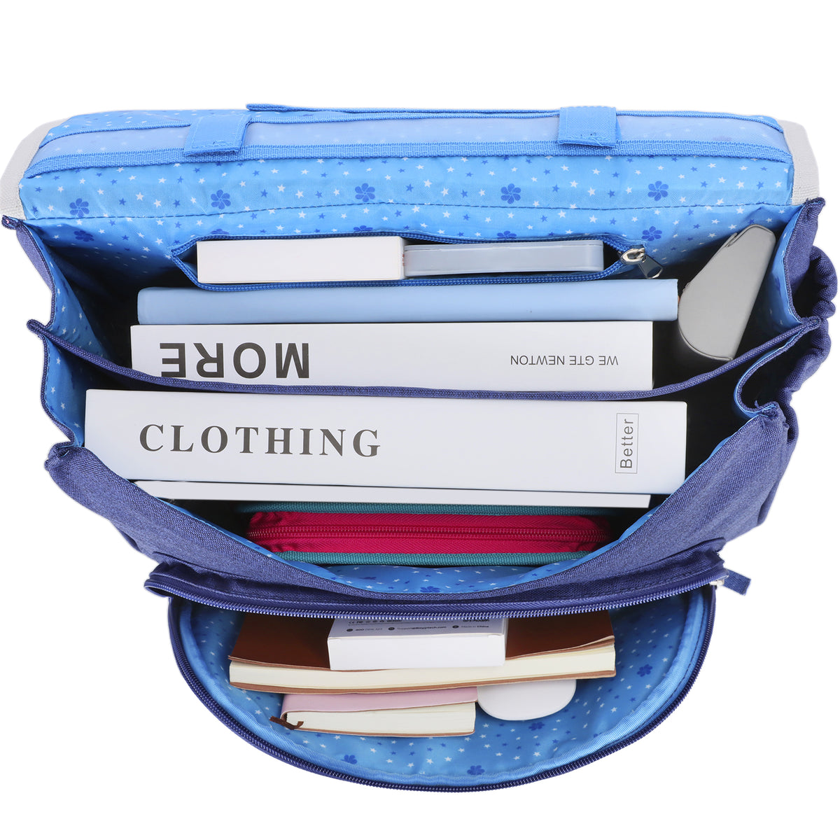 Sac à dos bleu avec plusieurs compartiments pour livres, stylos et accessoires.