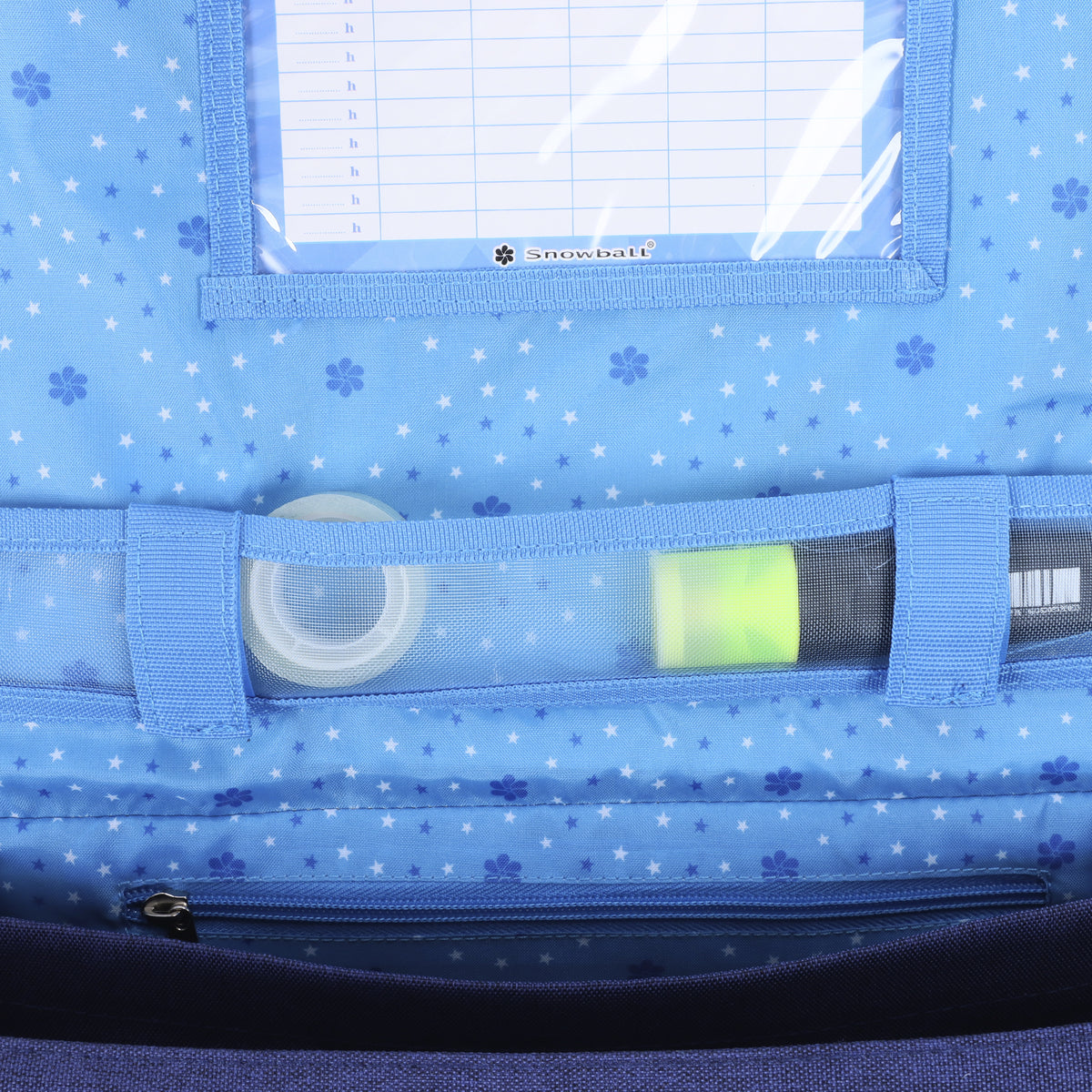 Pochette de rangement pour sac à dos Snowbau avec plusieurs compartiments pour accessoires.