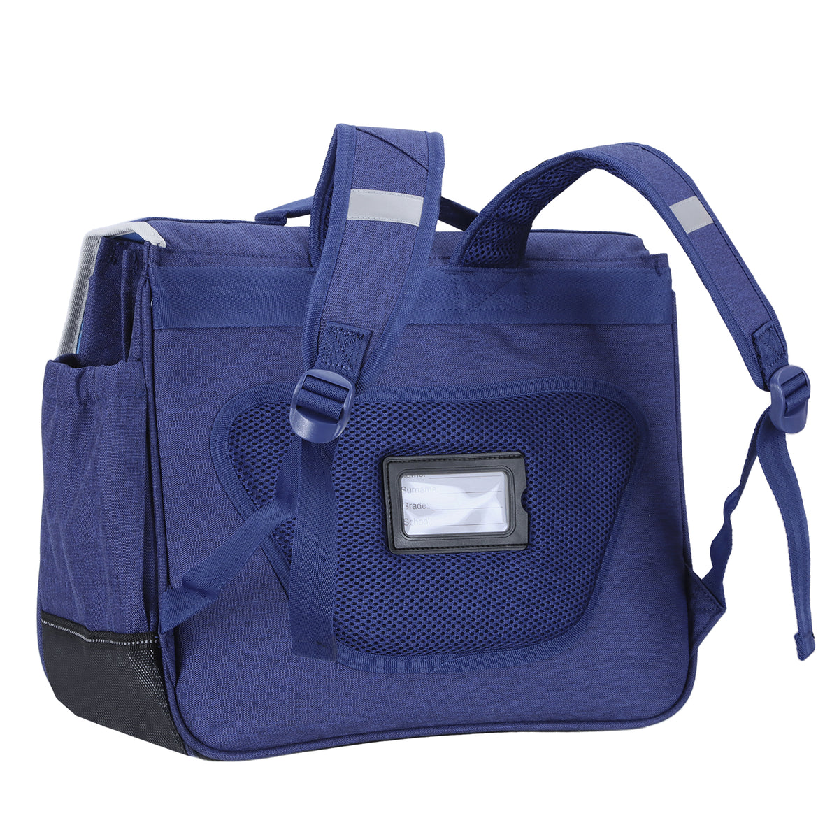 Sac de transport bleu avec fenêtre transparente, poches latérales et bandoulière réglable.