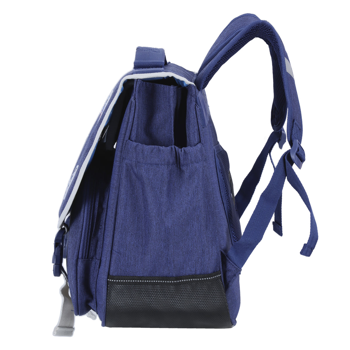 Sac à dos en toile bleue avec plusieurs compartiments et bretelles réglables.