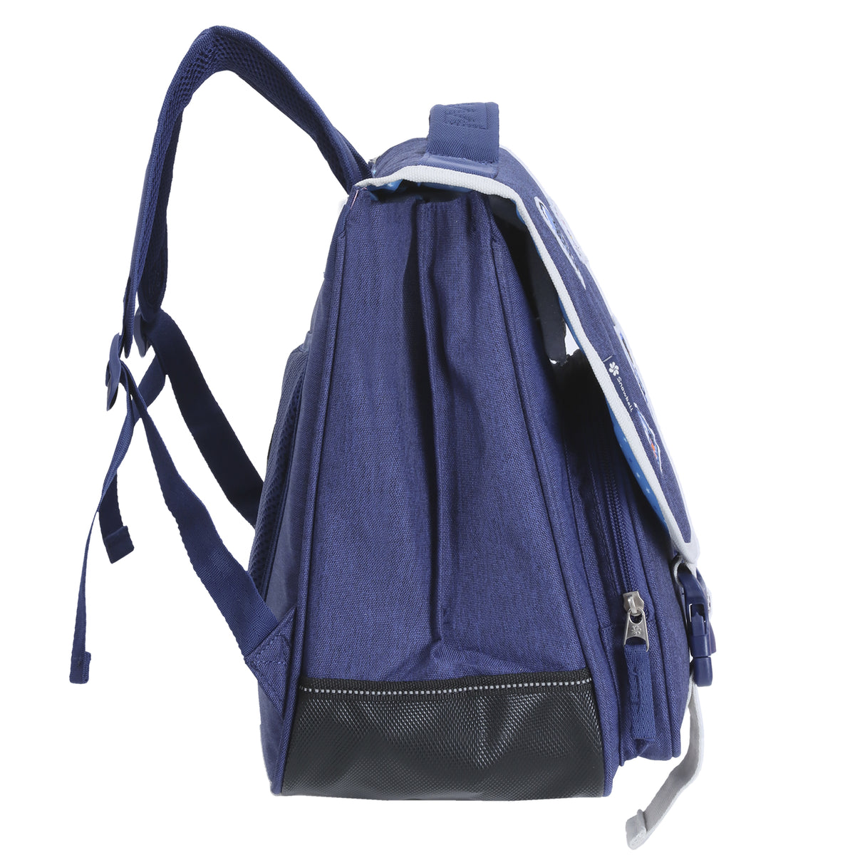 Sac à dos en toile bleue avec poche en cuir noir pour un style élégant et pratique.