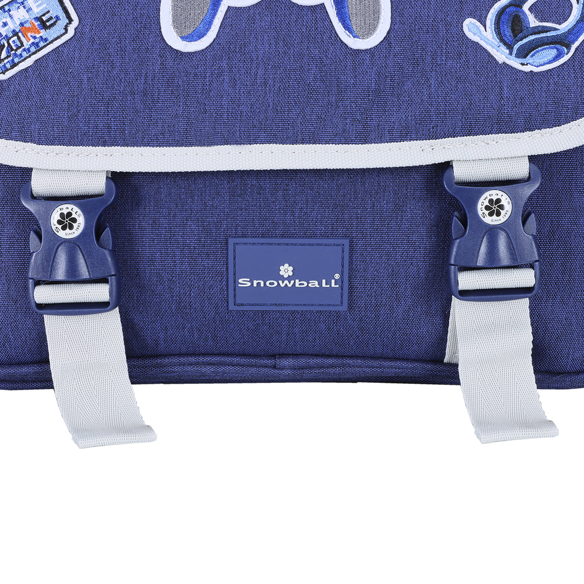 Sac à dos Snowball en tissu bleu avec fermetures à clip, idéal pour enfants et adolescents.