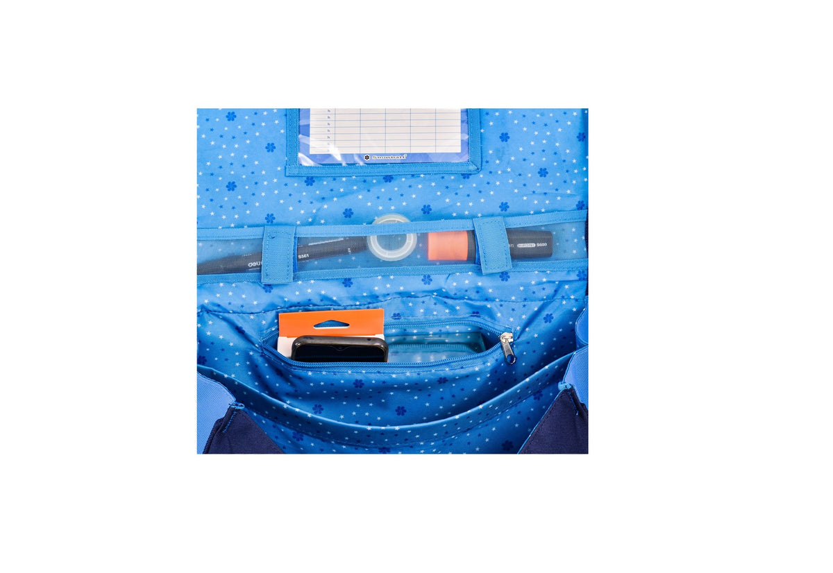 Espace intérieur d'un cartable bleu avec fournitures scolaires.