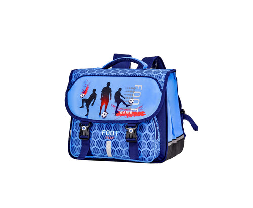 Cartable scolaire garçon en bleu avec motif football, 35 cm de hauteur.