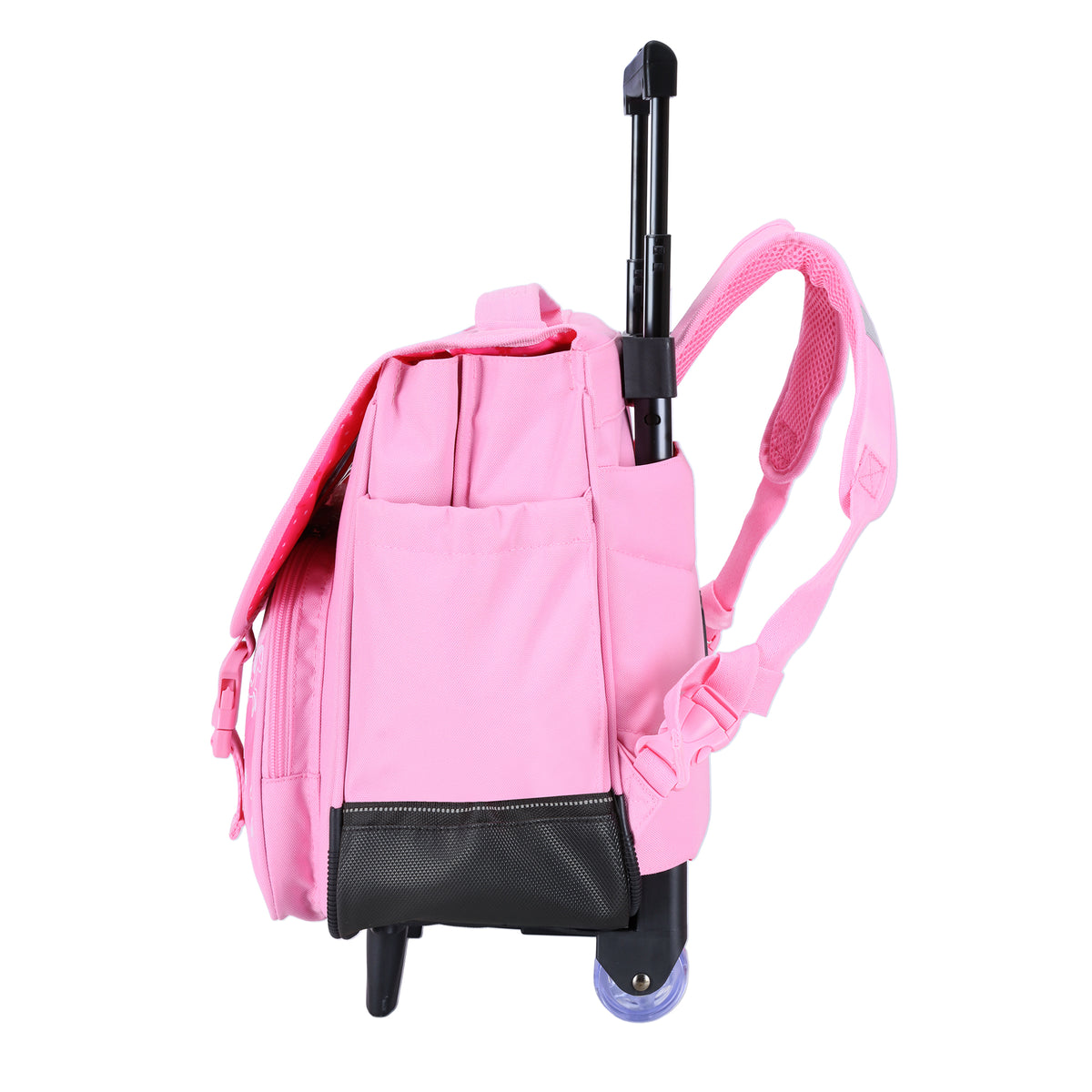 Cartable rose à roulettes pour fille avec poignée télescopique et compartiments.