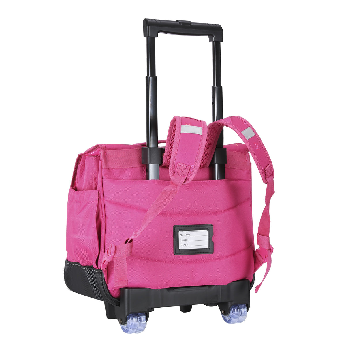 Sac à roulettes rose pour fille avec poignée télescopique et roulettes.