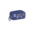 Trousse scolaire bleue avec motifs de jeux vidéo pour enfants.