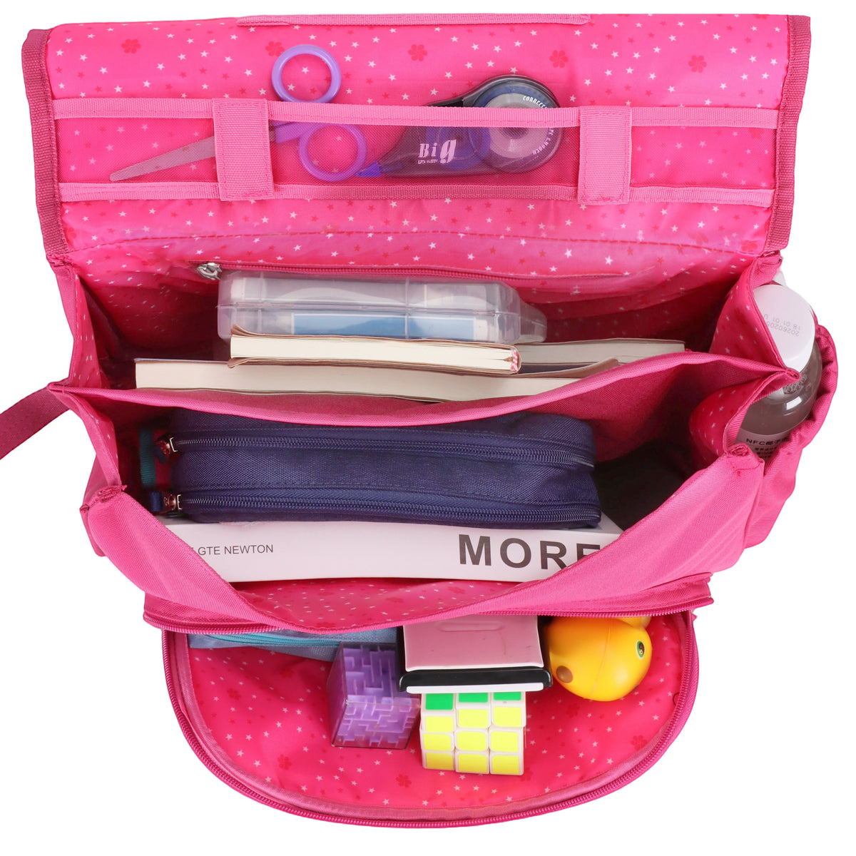 Sac à dos rose cerises pour fille, style scolaire, avec compartiments.