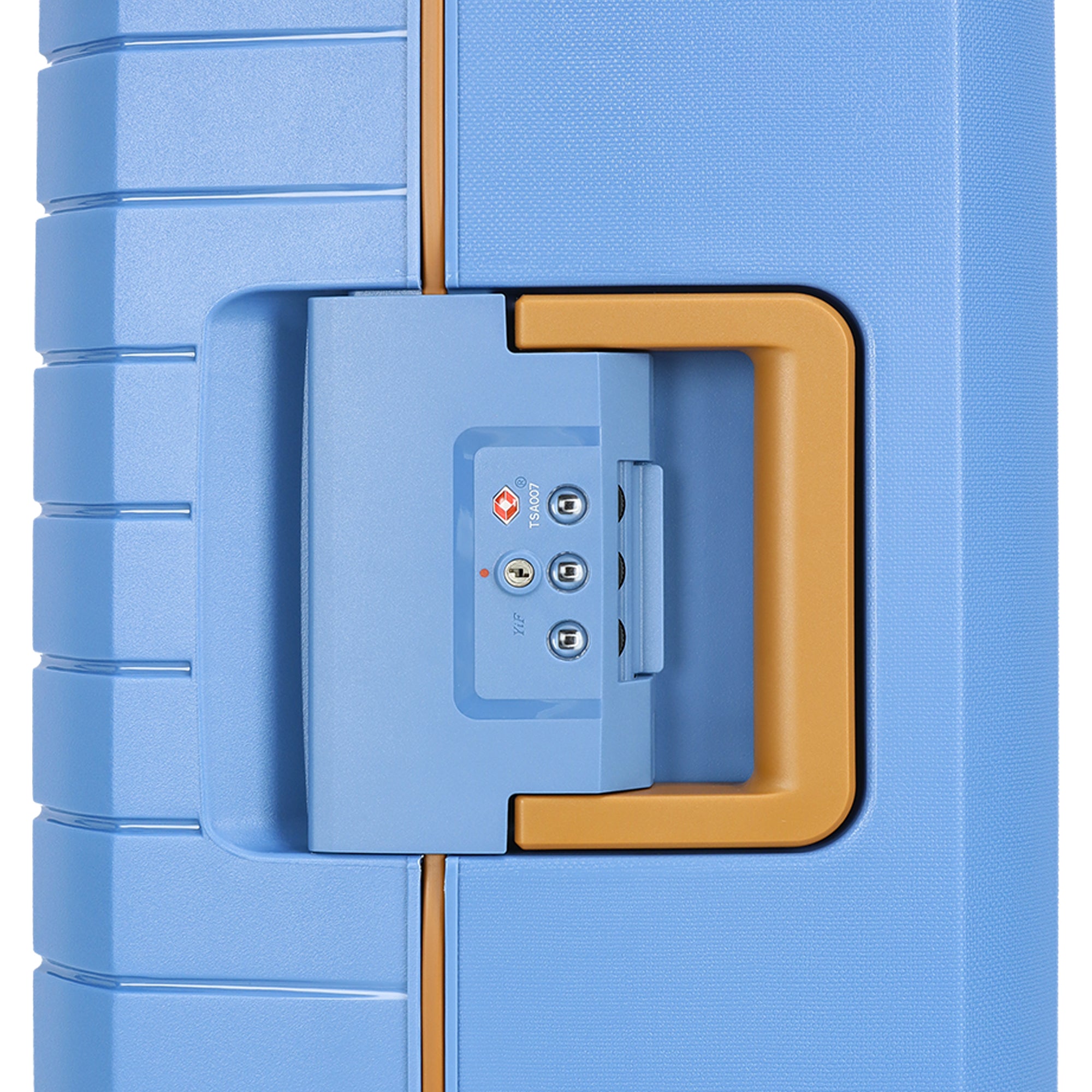 Coffre-fort bleu avec serrure à combinaison et poignée orange, sécurisé et pratique.
