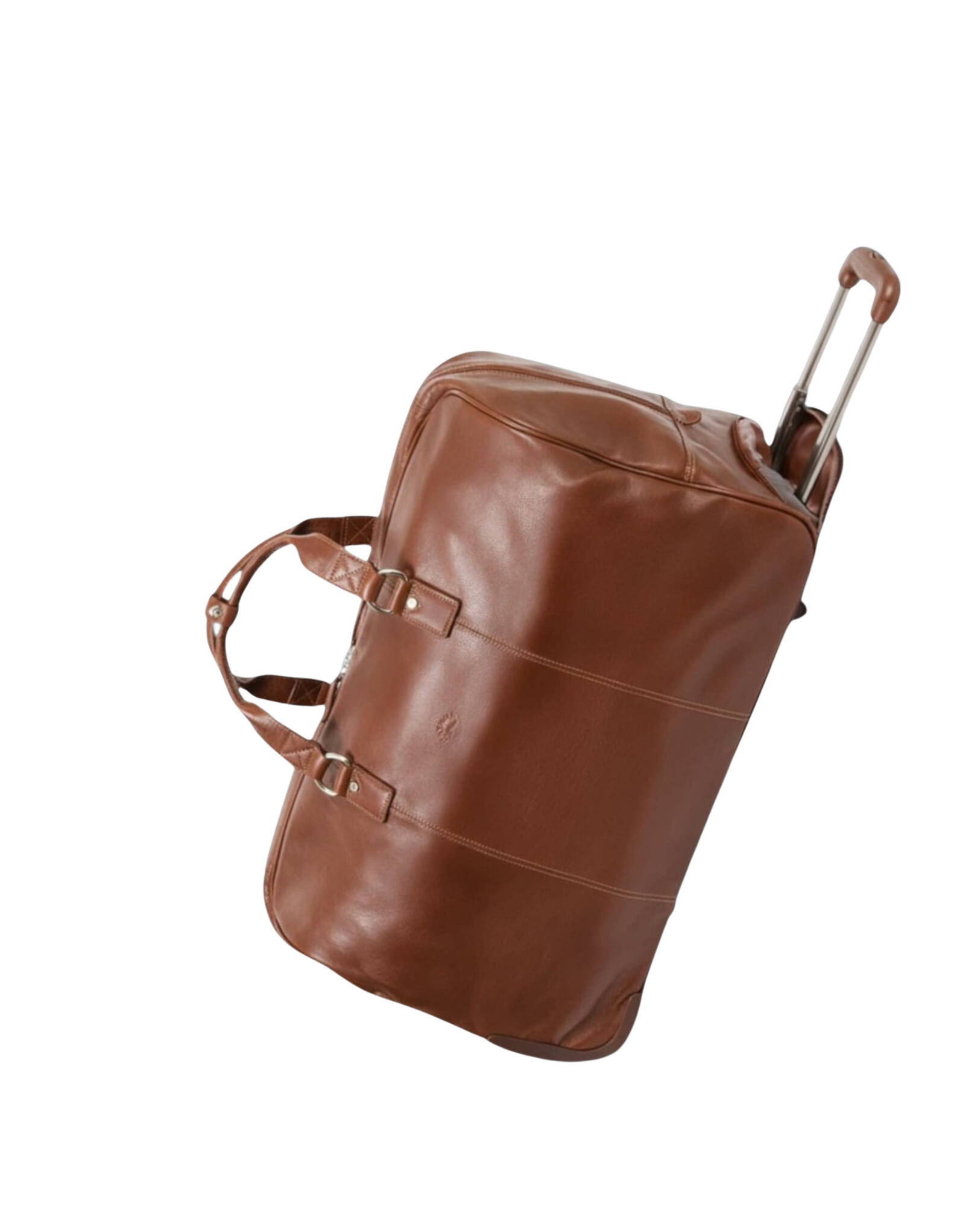 Sac de voyage en cuir marron avec poignée télescopique.