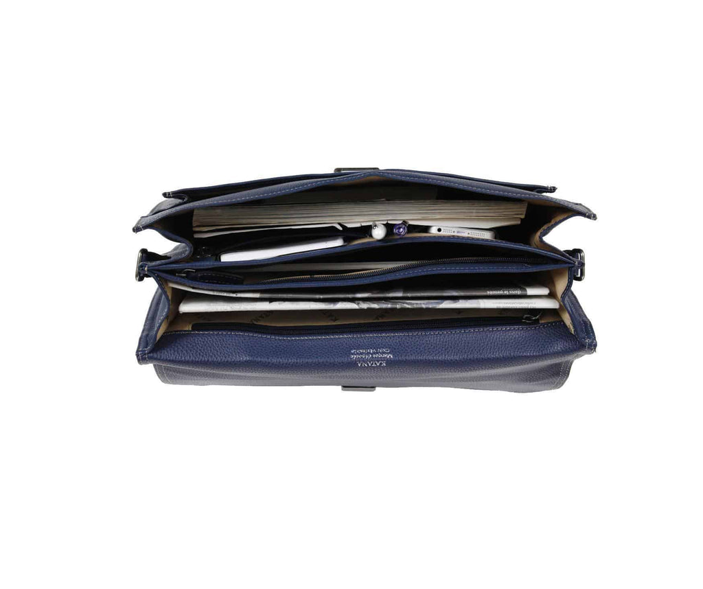 cartable en cuir grainé 2 soufflets katana bleu