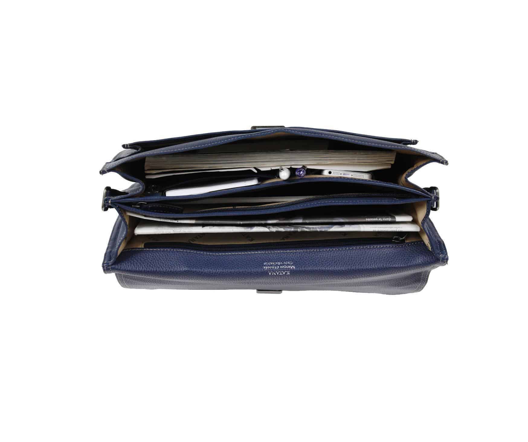 cartable en cuir grainé 2 soufflets katana bleu