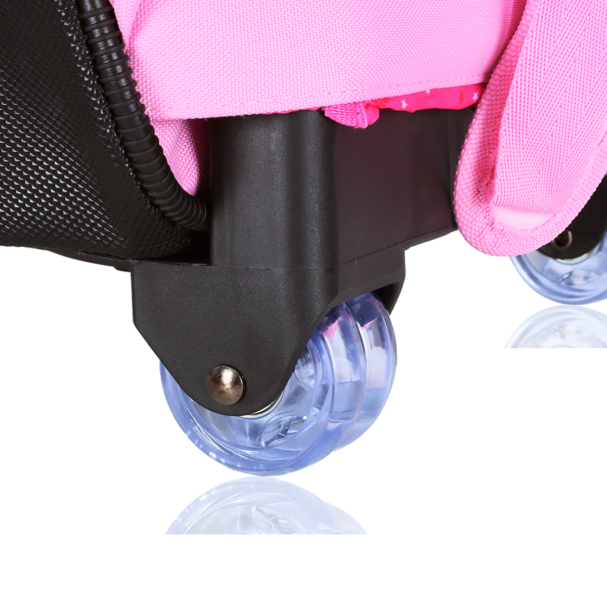 Roue de cartable rose avec roulettes en plastique transparent.