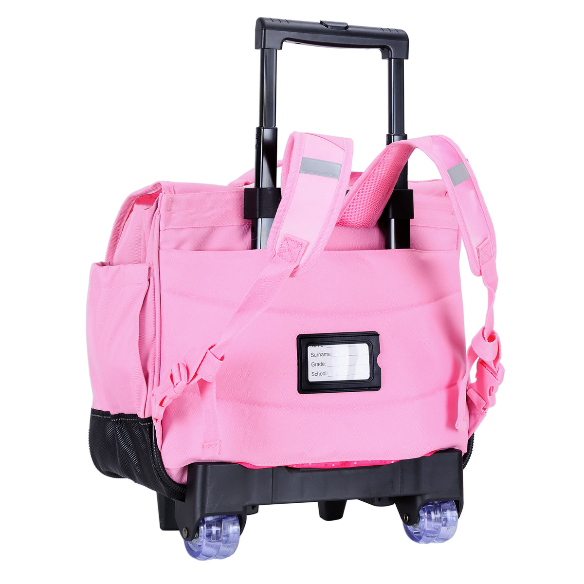 Sac à roulettes rose pour fille avec poignée télescopique et compartiments.