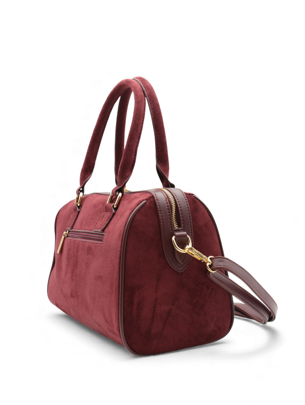 Sac à main en velours bordeaux avec poignées en cuir et détails en or.