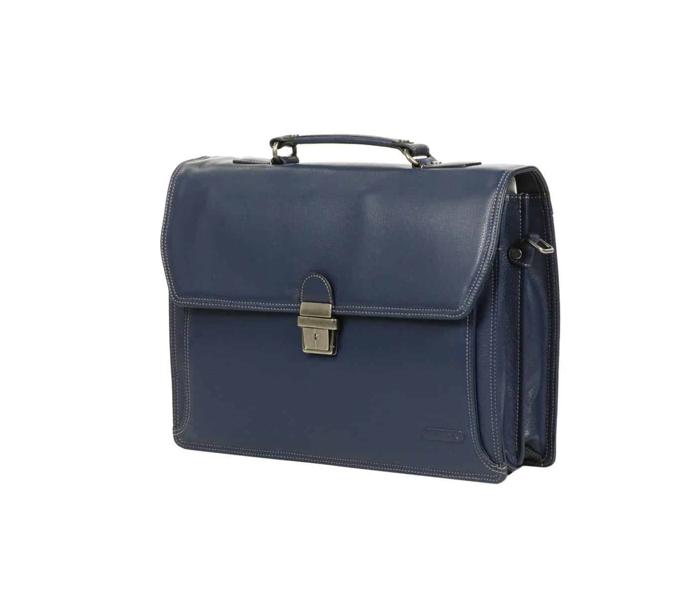 cartable en cuir grainé 2 soufflets katana bleu