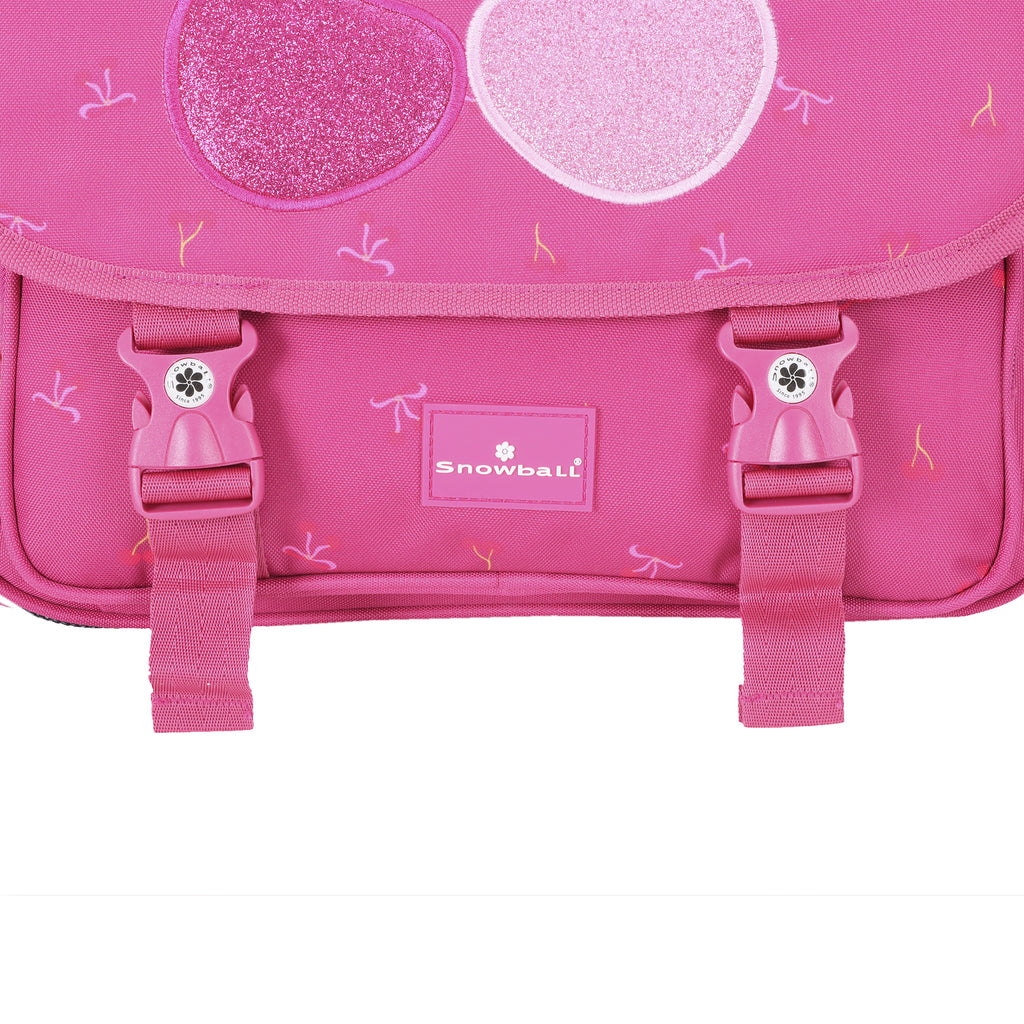 Cartable rose pour fille avec cerises pailletées et fermeture.