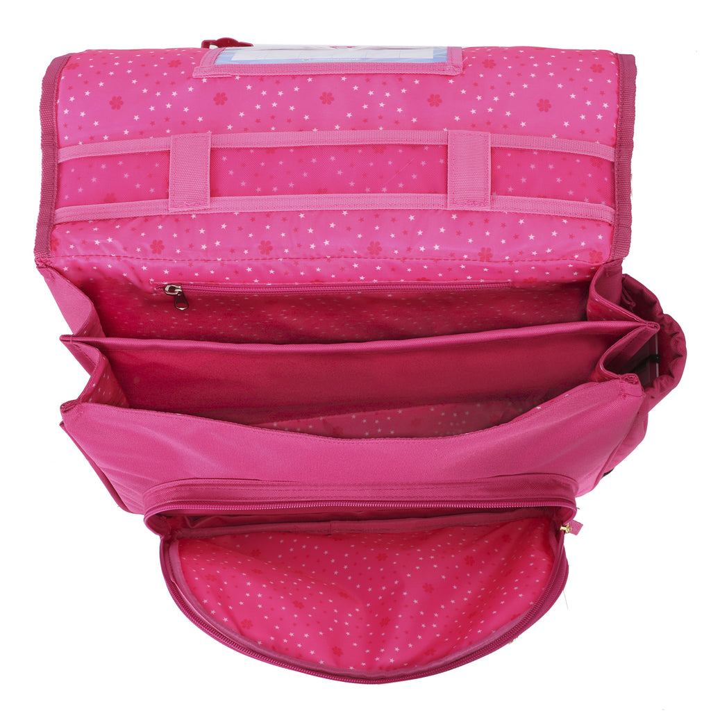 Cartable rose pour fille CE1-CE2 avec motifs cerises et paillettes.