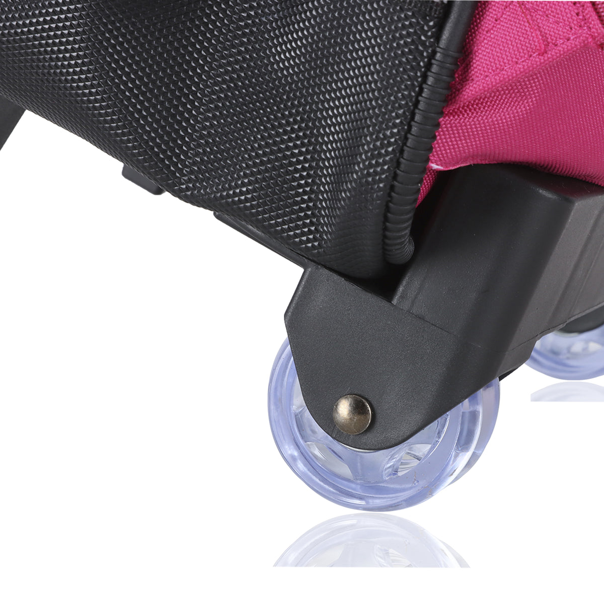 Roues en plastique transparent pour cartable rose cerises.