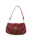 Sac bandoulière en cuir suédé rouge avec détails en or, parfait pour femme élégante.