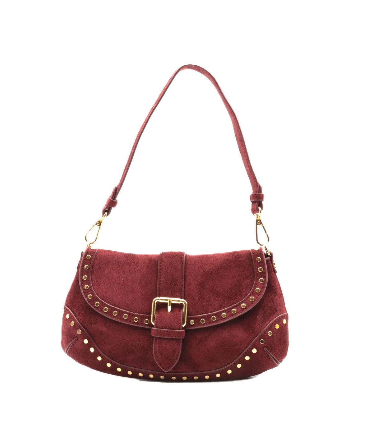 Sac bandoulière en cuir suédé rouge avec détails en or, parfait pour femme élégante.