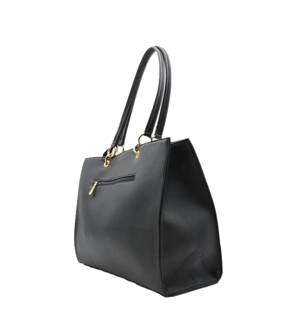 Sac cabas noir en cuir avec poignées élégantes et fermeture zippée.