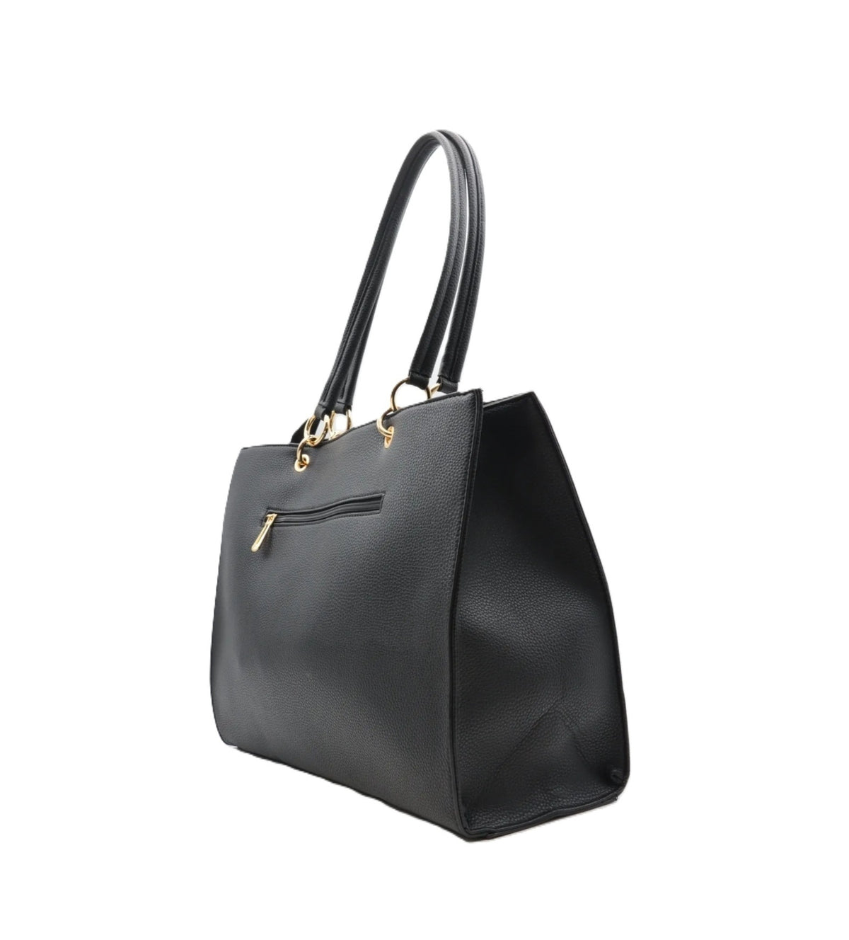 Sac cabas noir en cuir avec poignées élégantes et fermeture zippée.