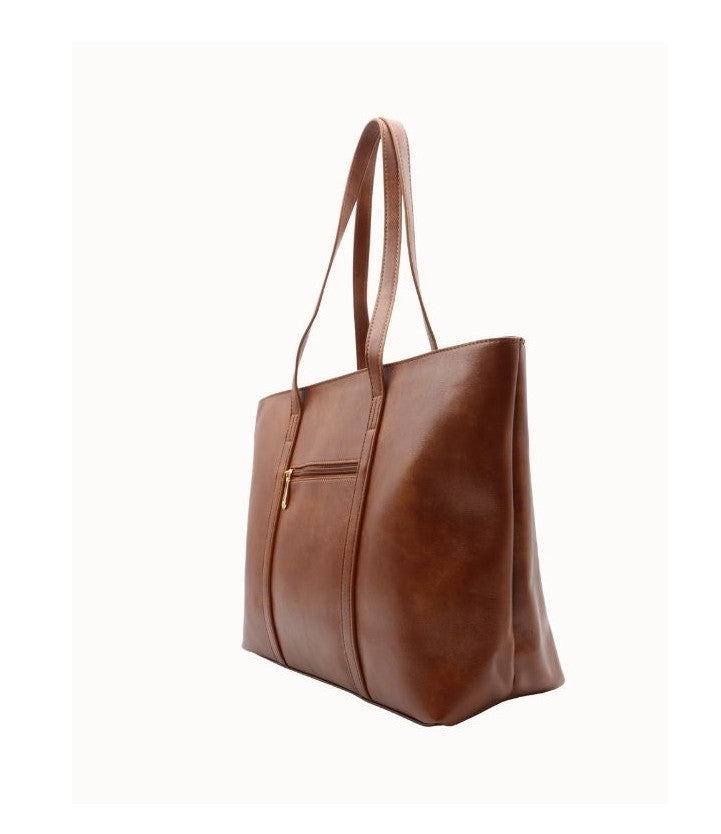 Sac cabas A4 Le Charly camel vue de profil montrant la poche zippée extérieure arrière pour accès rapide