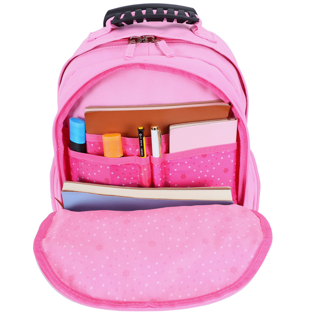 Sac à dos à roulettes fille Licorne Snowball rose ouvert.