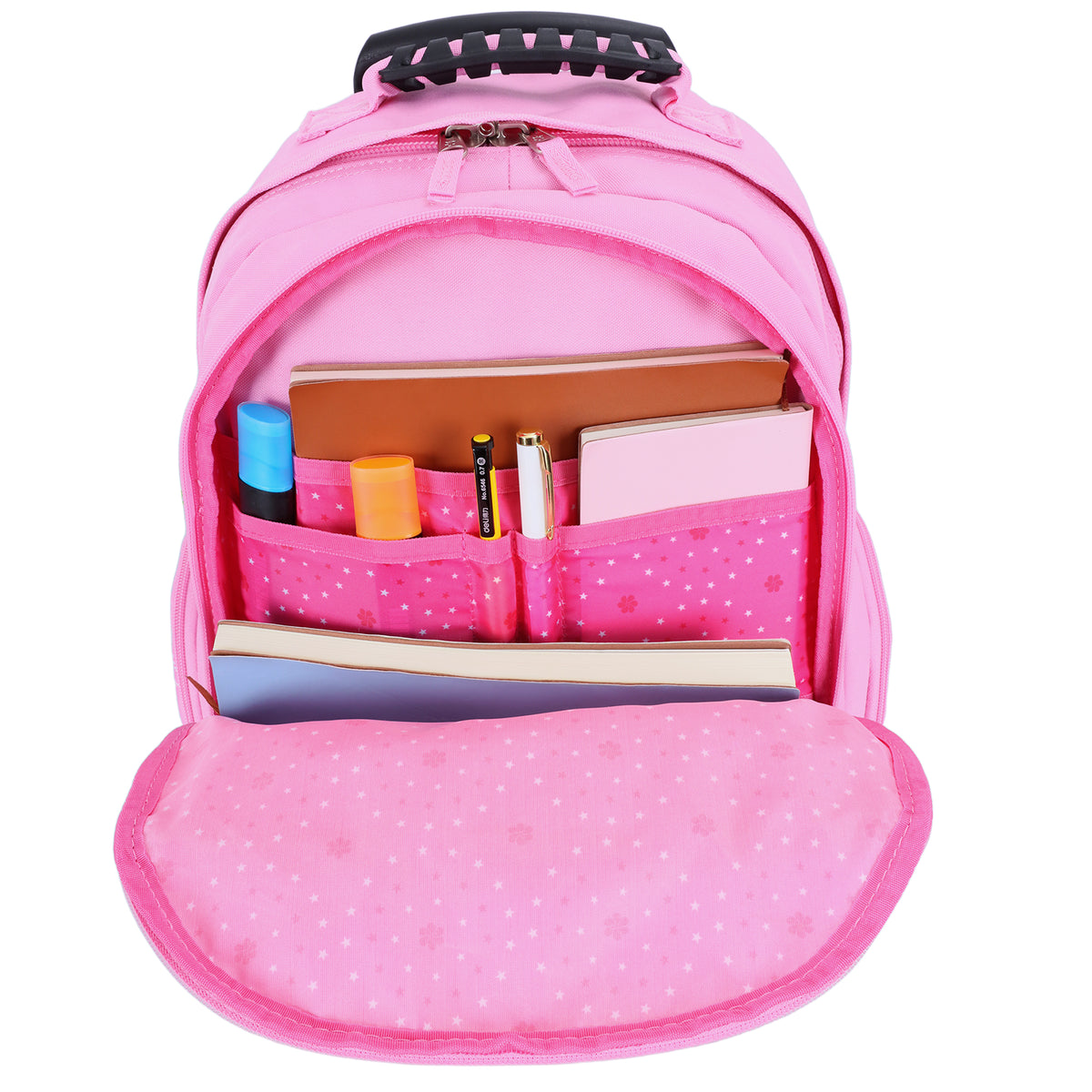 Sac à dos à roulettes fille Licorne Snowball rose ouvert.