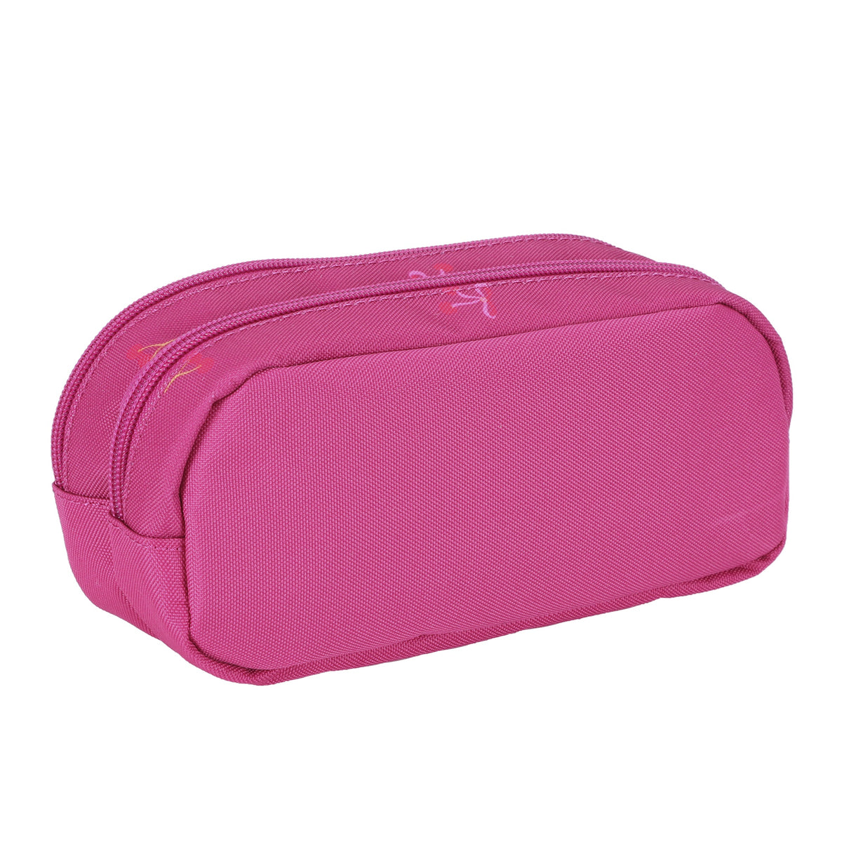 Trousse scolaire rose en tissu avec deux compartiments zippés.