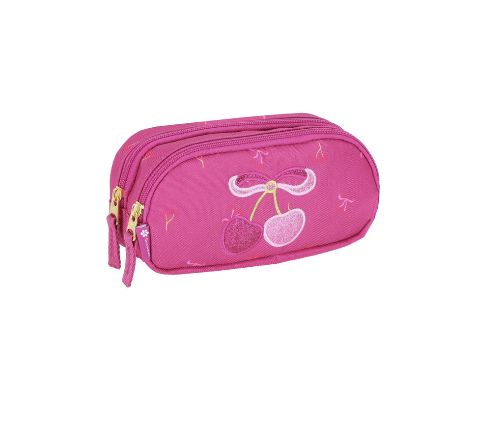 Trousse rose avec cerises et ruban, pour école primaire.