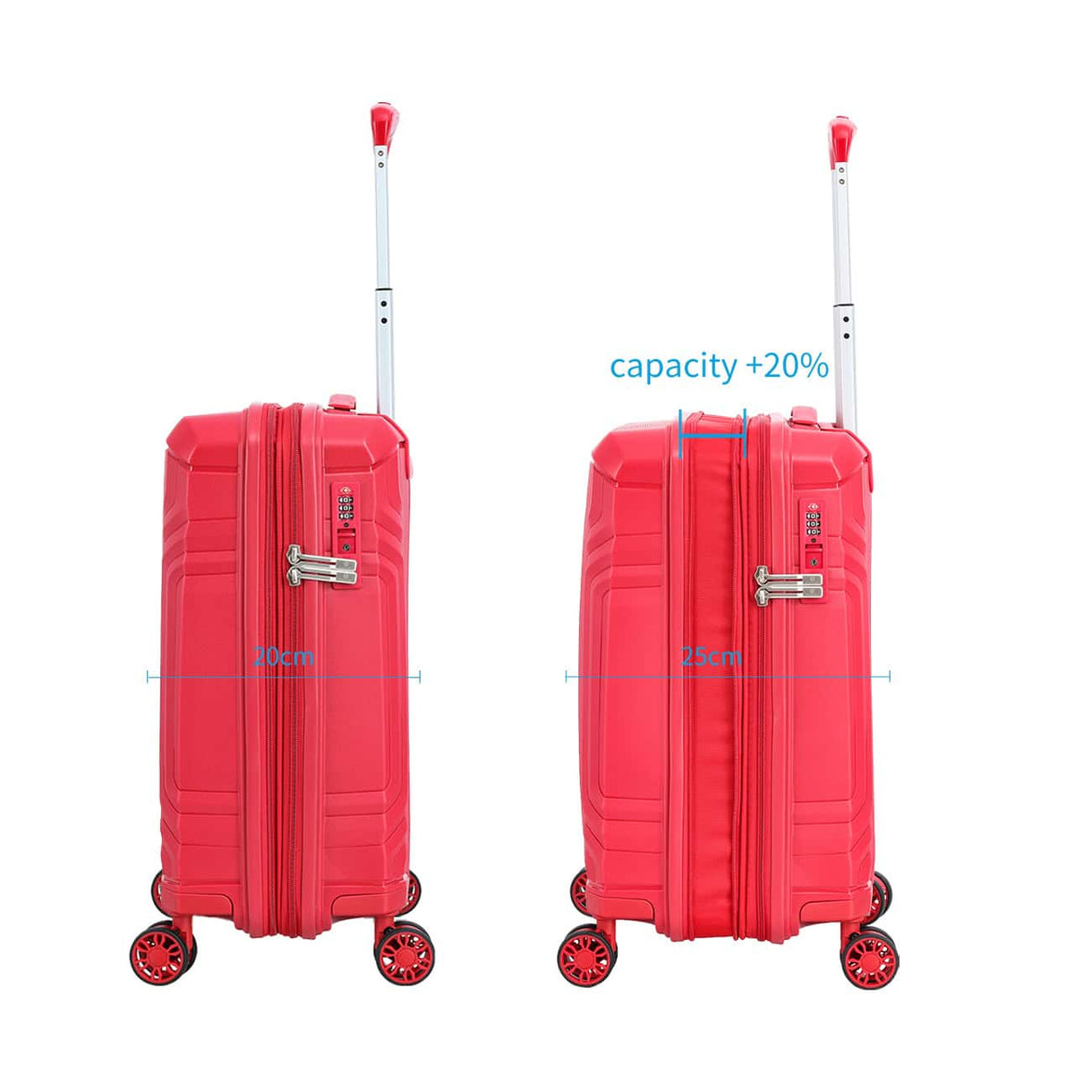 Vue extension valise cabine extensible rouge Snowball 55 cm